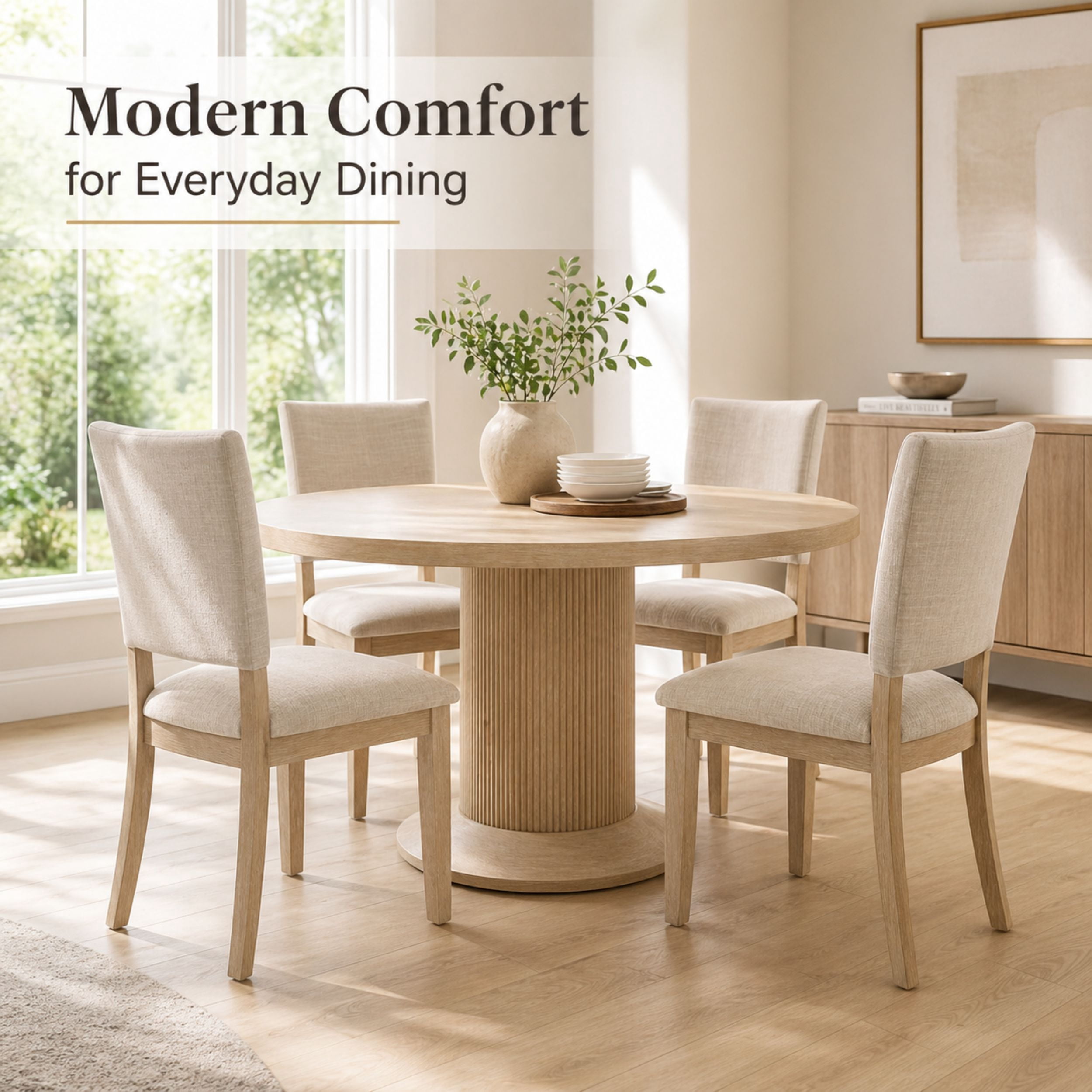 GOMYHOME Upholstered Dining Chairs Set of 4, Beige Linen Fabric with Solid Wood Legs