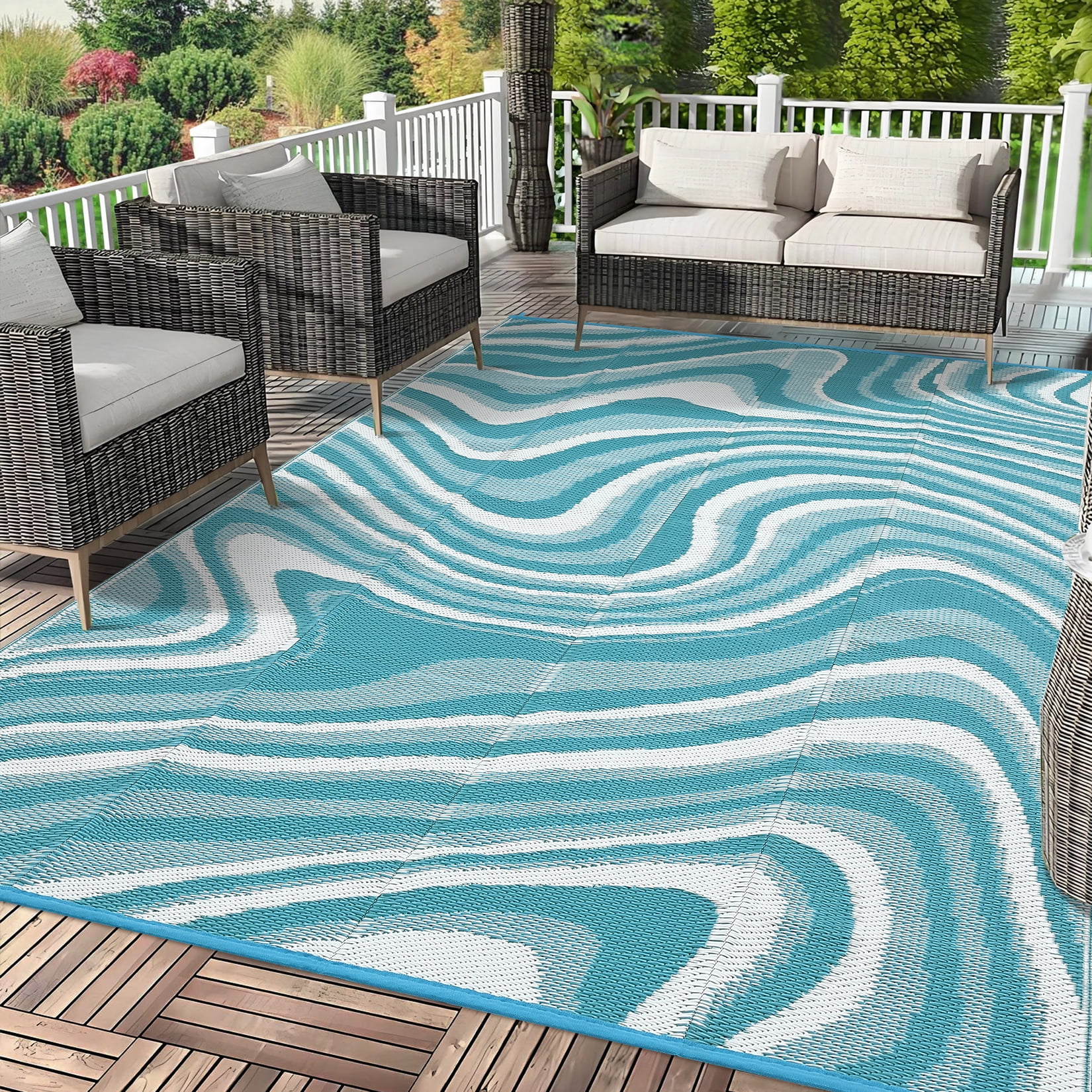 Haperlare Outdoor Rug 9'x12' Waterproof Reversible Camping Rugs, Modern Abstract Plastic Straw Rug Carpet for Patio Picnic Backyard Deck, Light Blue