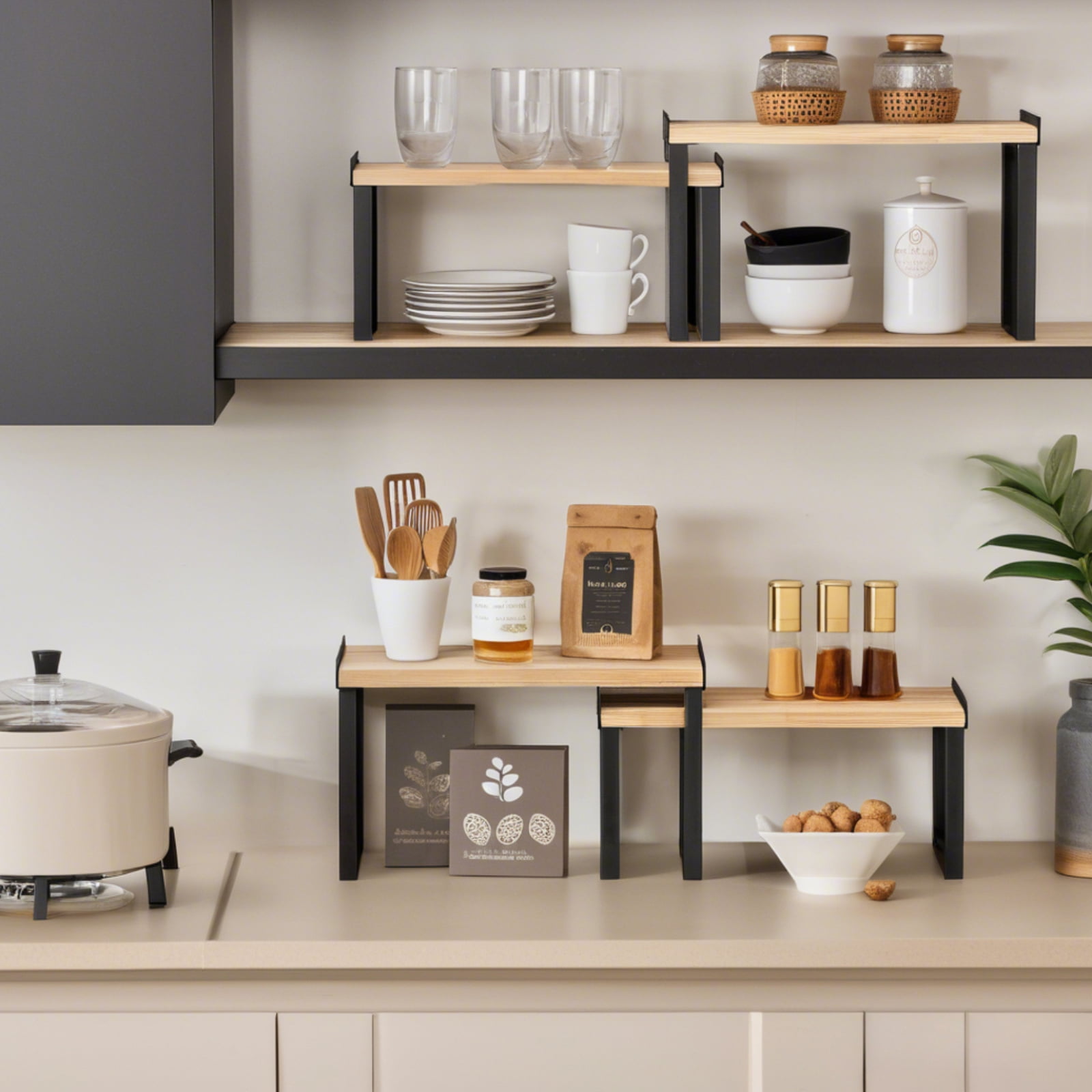 YOYTOO Kitchen Counter Organizer, 2 Pack Wooden Stackable Kitchen Countertop Cabinet Storage Shelves Spice Rack for Pantry