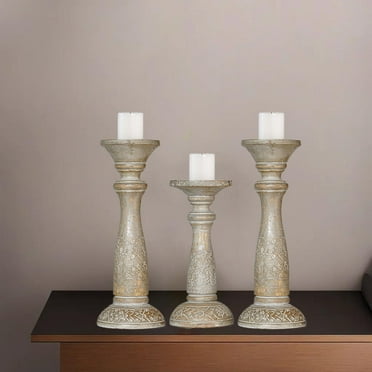 Traditional Gray Wash Eco-friendly Handmade Mango Wood Set Of Three 12",9" & 12" Pillar Candle Holder for use, Living Room, Dinning Room, Study Room, Spa, Restaurants, Place Of Worship, etc