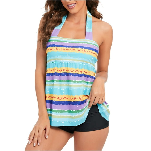 QLEICOM Womens Swimsuits Tummy Control Plus Size Swimsuit Coverup Fashion Multicolor Gradient Color Minimalistic Stripe Boxer Pants Sling Split Swimsuit Green S