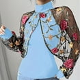 thumbnail image 4 of Uootdi Womens Sheer Floral Embroidered Block Tops Stand Collar Balloon Sleeves Cropped Boleros Casual Evening Wear Chic Outfit Gift, 4 of 6