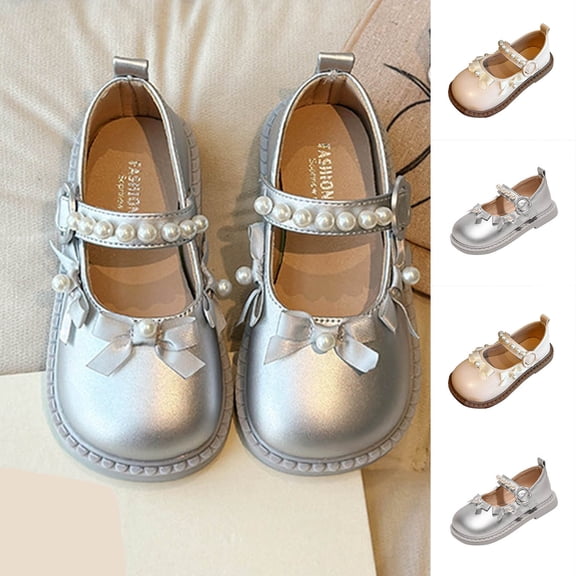 Toddler Girls Dress Shoes Flower Girl Flats Pearls Bow Mary Jane Wedding Party Flora Shoes Silver 1.5(34)