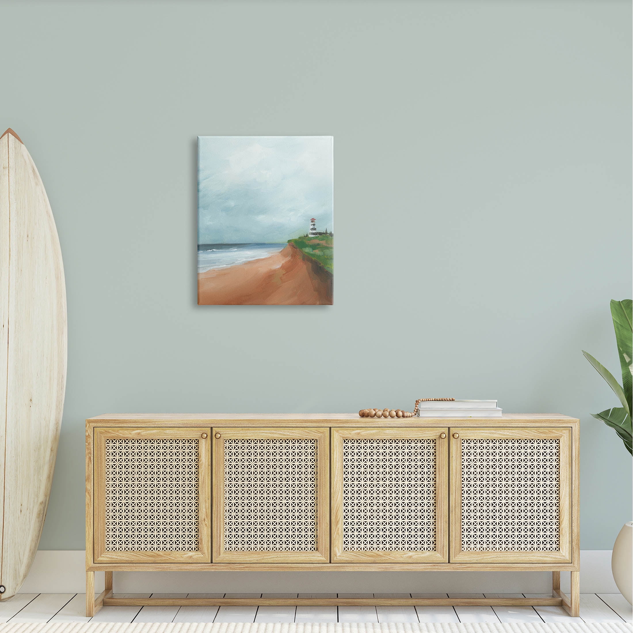Distant Lighthouse Beach Shore Coastal Painting Gallery Wrapped Canvas Print Wall Art