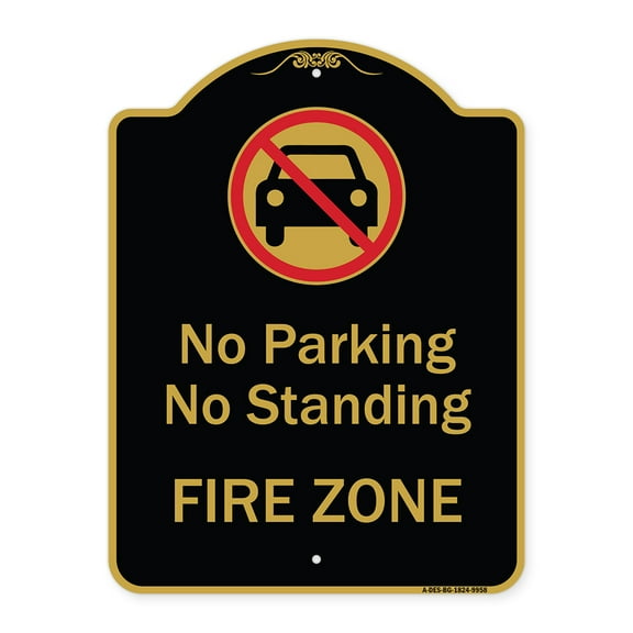 SignMission A-DES-BG-1824-9958 18 x 24 in. Designer Series Sign - No Parking or Standing Fire Zone with Graphic, Black & Gold