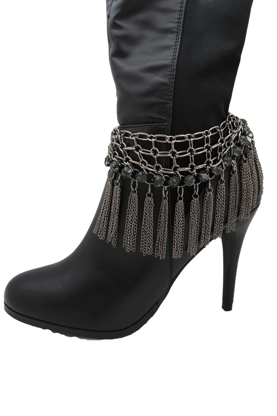 Women Dark Silver Metal Chain Boot Bracelet Shoe Web Fringe Charm Tassel