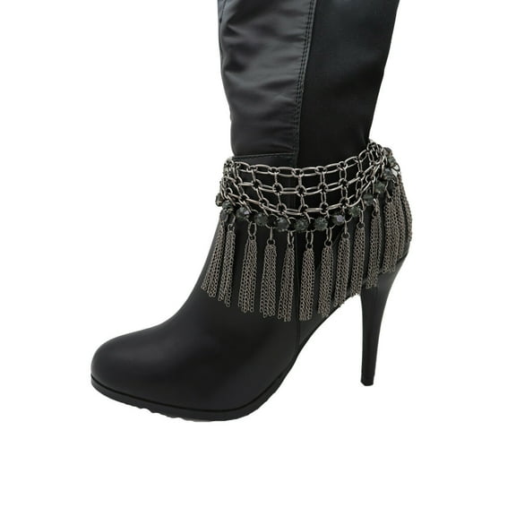 Women Dark Silver Metal Chain Boot Bracelet Shoe Web Fringe Charm Tassel