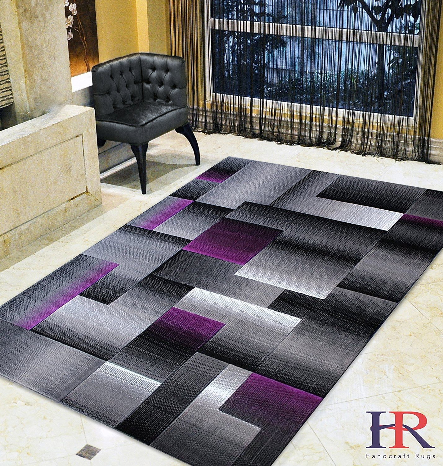 Purple Grey Silver Black Abstract Area Rug Modern Contemporary Geometric Cube And Square Design Pattern Carpet