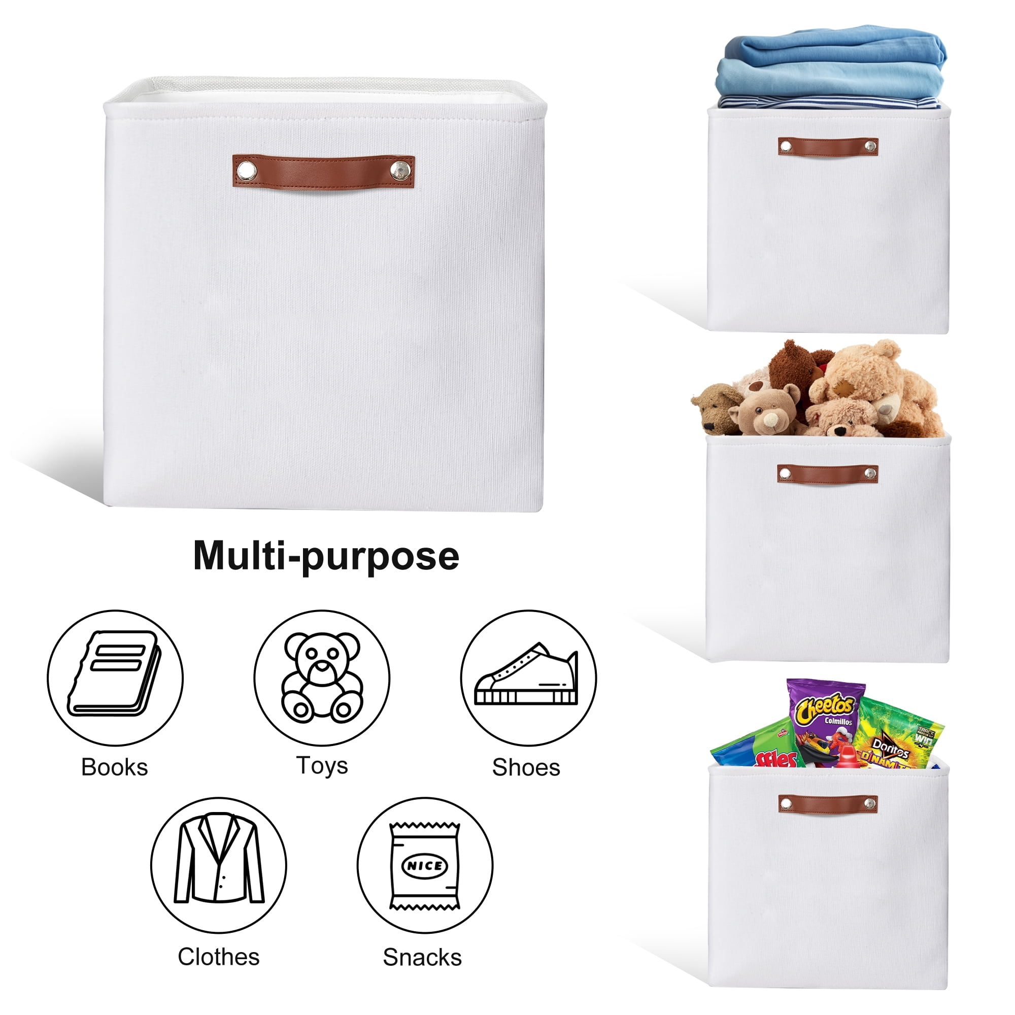 Tegance 13x13 Storage Cubes Baskets 4 Pack Fabric Cube Storage Bins Large Storage Baskets with Leather Handles,Decorative Storage Boxes for Organizing Shelves(White)
