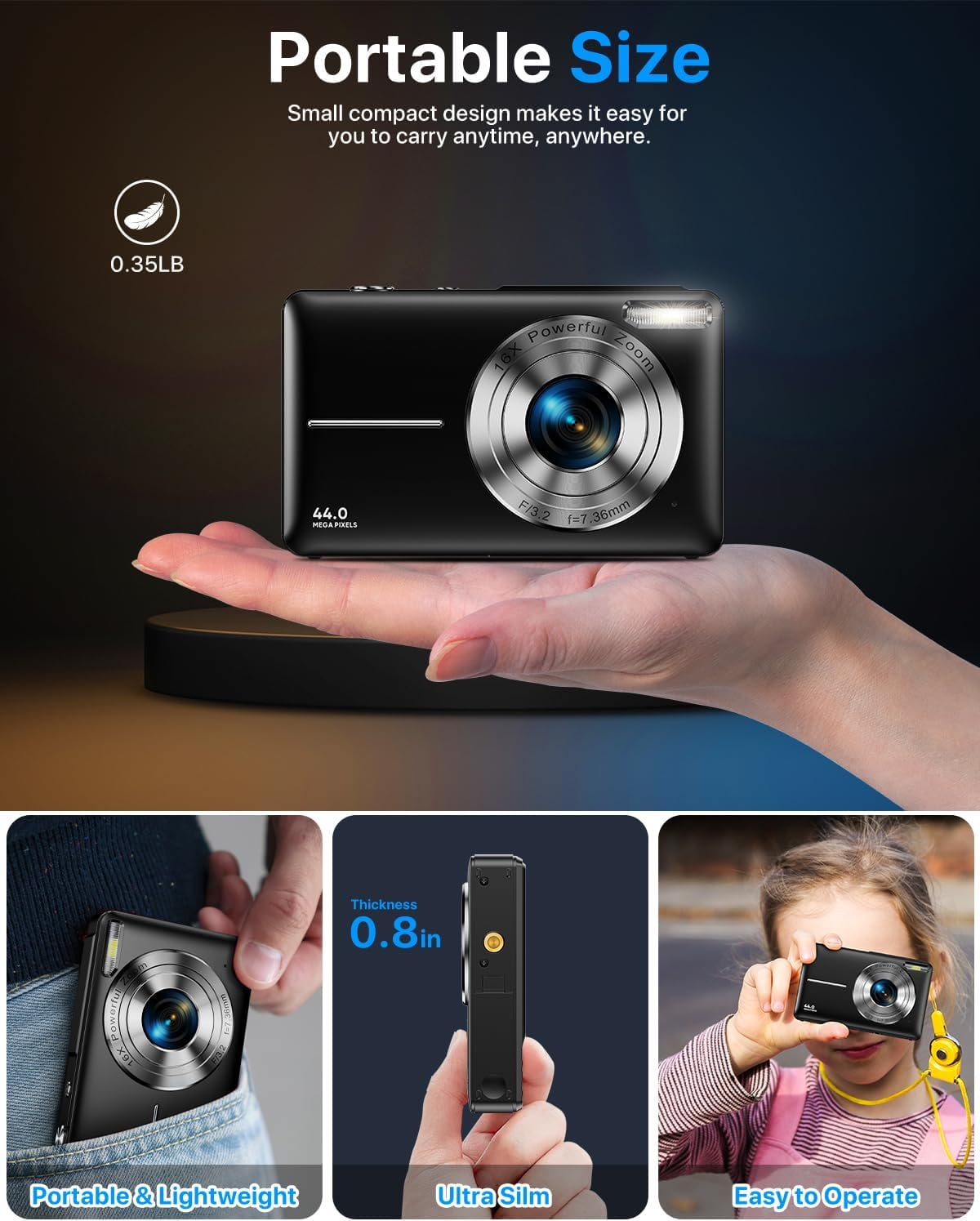 Digital Camera,FHD 1080P Digital Camera for Kids Video Camera with 32GB Card 16X Digital Zoom, Compact Point and Shoot Camera Portable Small Camera for Teens Students Boys Girls Seniors(Black)