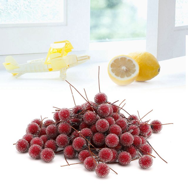 100 UDS. De bayas artificiales de fruta roja esmerilada, mini bayas de acebo, decoración del banquete de boda para el hogar