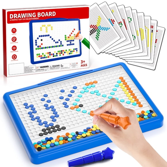 Magnetic Doodle Board Blue with 2 Pens 20 Pattern Booklets & Doodle 200 Beads, Montessori Dot Art Travel Toy, Educational Preschool Toys for 3 4 5 6 Years, Birthday Christmas Gifts