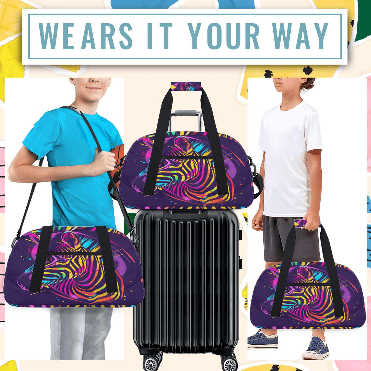 Herdesigns Zebra Sports Duffle Bag for Women & Men, Gym Bag Dance Bag Overnight Bag Carry On Weekender Travel Bag