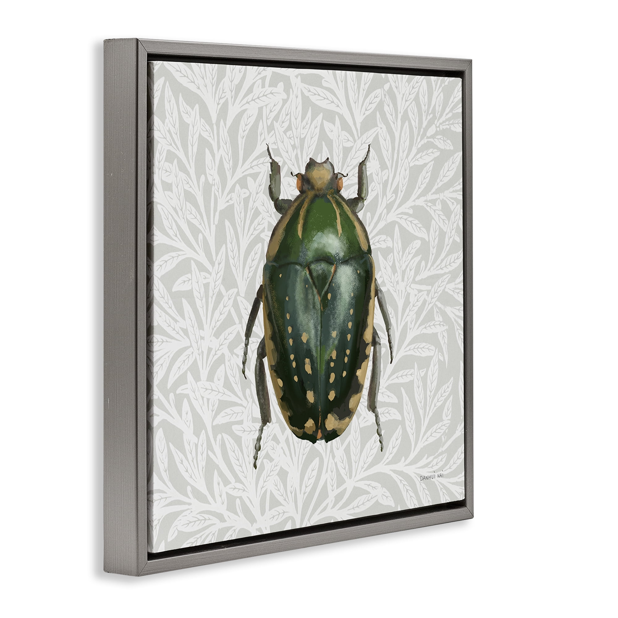 Stupell Industries Beetle with Botanical Pattern Animals & Insects Painting Gray Floater Framed Canvas Art Print Wall Art, 25 x 25