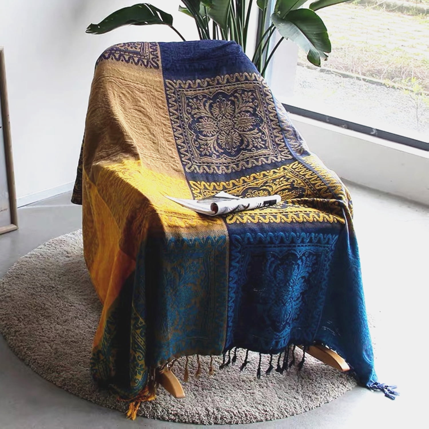 Movanane Bohemian Blue Jacquard Chenille Throw, 60" x 75"