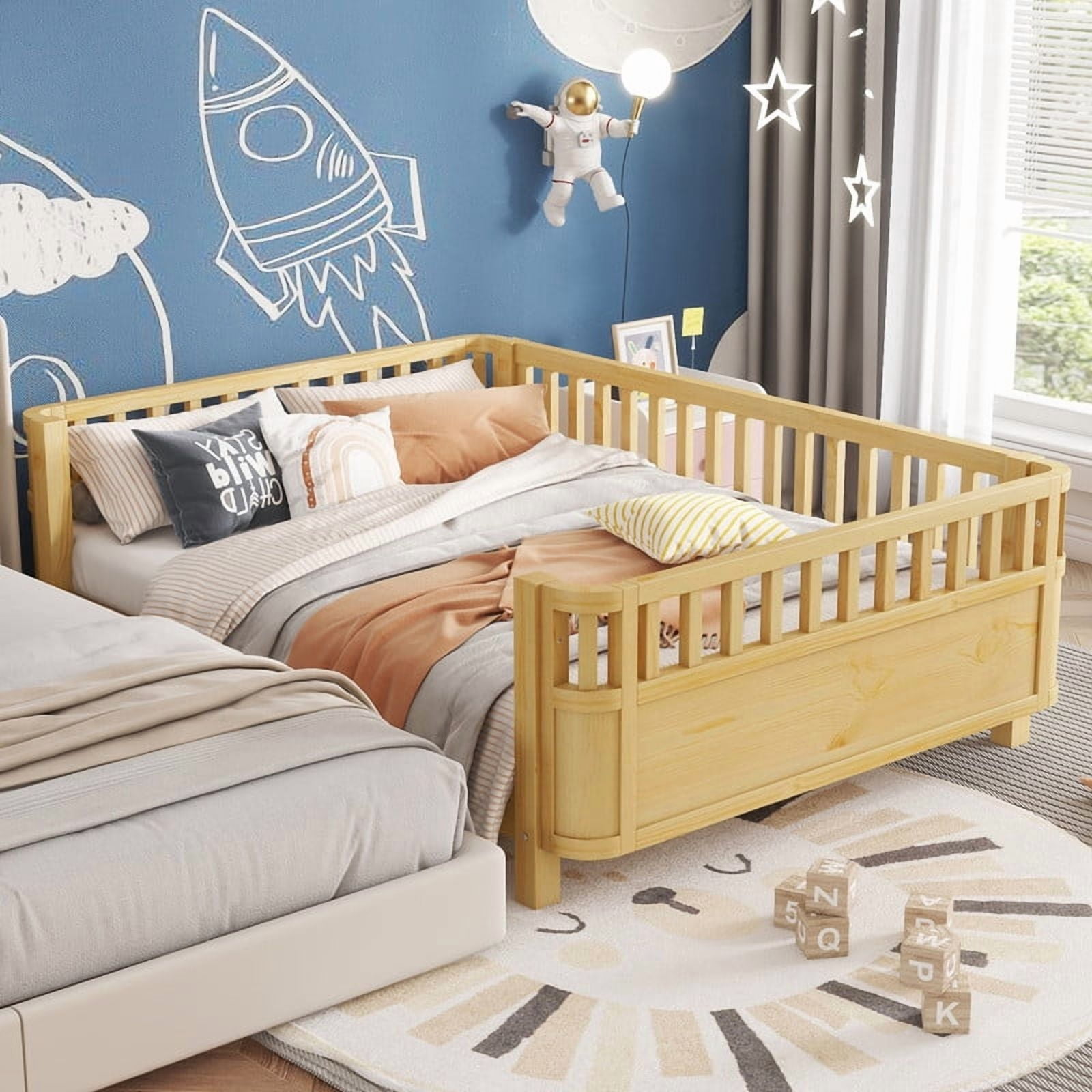 Mirightone Full Size Montessori Bed with Guardrails, Wooden Low Profile Bed Frame with Slat Support, Modern Bed with Removable Side Rails, Natural