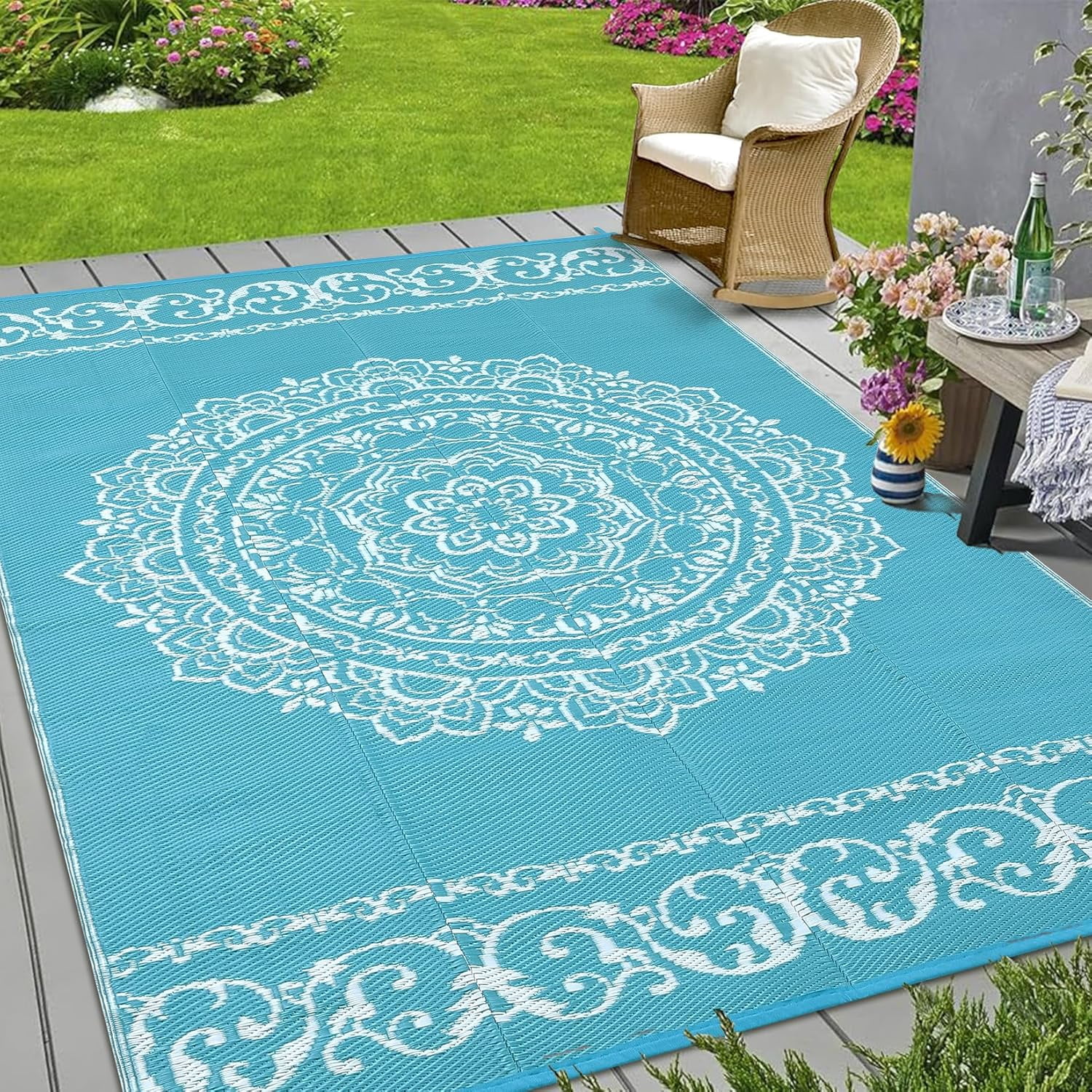 6x6 FT/5x8 FT/8x10 FT/9x12 FT/9x18 FT Outdoor Rug for Picnic Washable Non-Slip Balcony Carpet Vintage Floral Rug Stain-Resistant Easy-Clean Plastic Area Rug for Patio Backyard Farmhouse Beach Camping