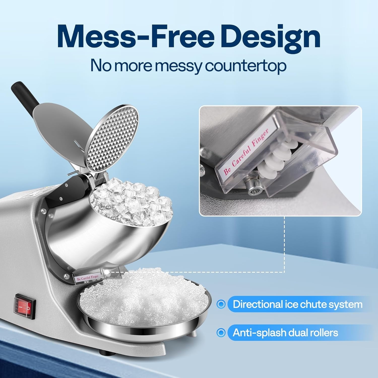 Electric Ice Shaver Snow Cone Maker Machine Silver 143lbs/hr with Ice Pick for Home and Commercial Use