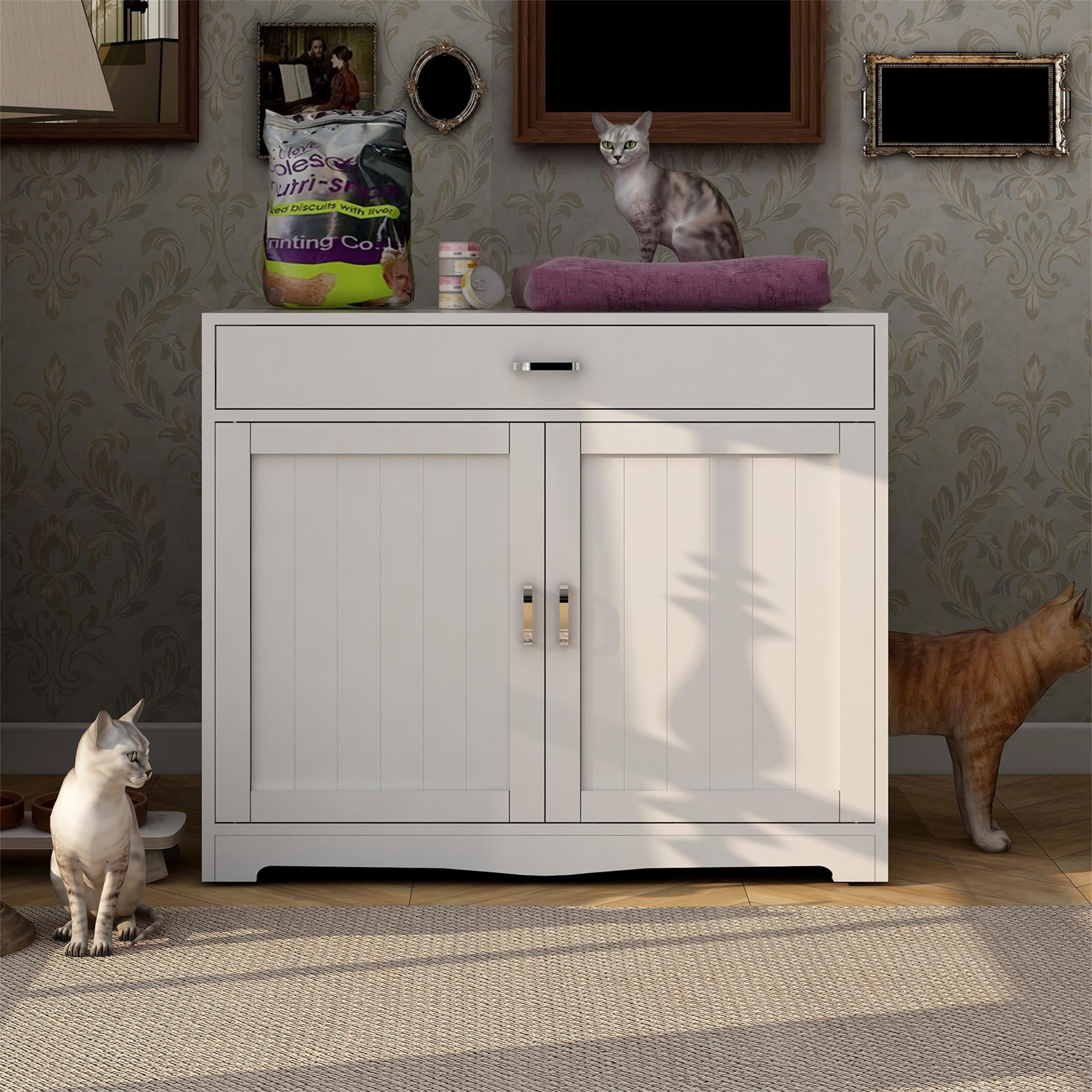 Pefilos 31" Cat Litter Box Furniture with Hidden Plug, 2 Doors Indoor Cat Washroom, Litter Box Enclosure Cat House, Large Wooden Cat House, White Pefilos 31" Cat Litter Box Furniture with Hidden Plug, 2 Doors Indoor Cat Washroom, Litter Box Enclosure Cat House, Large Wooden Cat House, White