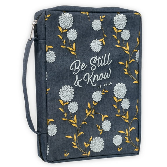 Be Still and Know Psalm 46:10 Floral Navy Blue Canvas Bible Cover for Women Large Zippered Case for Bible or Book w/Handle