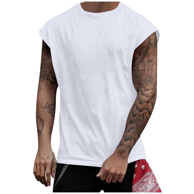 pstuiky Camiseta sin mangas para hombre, Camiseta deportiva sin mangas de malla de color sólido para hombre, transpirable, de alta elasticidad, con cuello redondo, para fitness y musculación. l