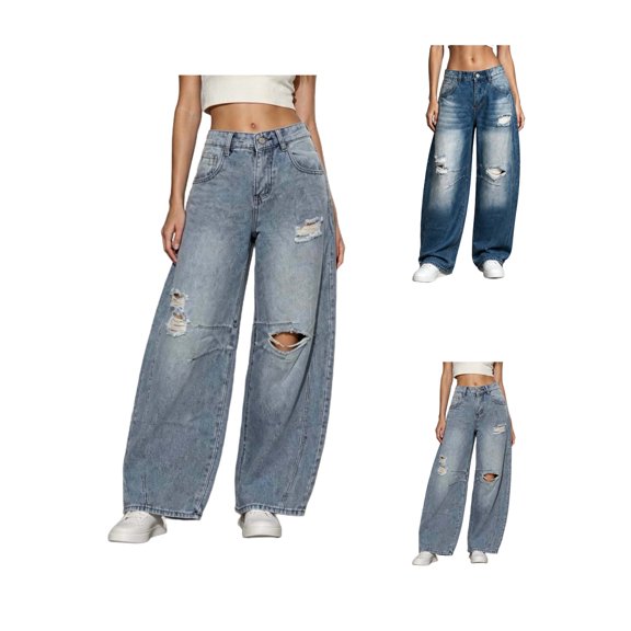 Atkumj Womens Ripped Jeans Fashion Baggy Button-Zip Fly Low Waisted Jeans Vintage Wash Long Length Jeans Wide Leg Women with Pockets S