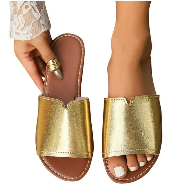 Flat Sandals for Women Slide Open Toe Solid Color Leather Non Slip Breathable Beach Summer Slide Sandals Gold
