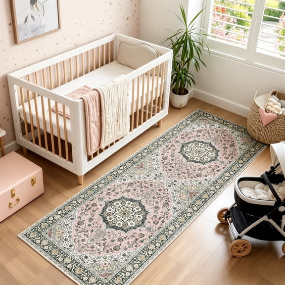 WANLISELL 2'x6' Hallway Runner Rug, Non-Slip Washable Rugs, Pink Distressed Printed Retro Carpet Runners for Entryway Bedroom Laundry Bedside Kitchen