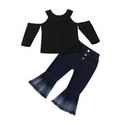 Toddler Kids Girl Clothes Knit Top Bell Bottom Jeans Set Fall Winter Outfit