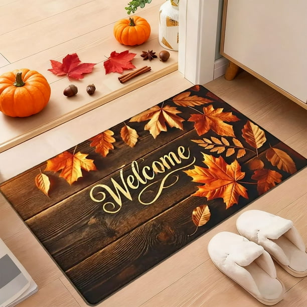 Fall Pumpkin Maple Leaves Floor Mat Halloween Thanksgiving Decorative Floor Mat Bathroom Kitchen Mat Porch Carpet Long Strip Foot Mat Entrance Mat