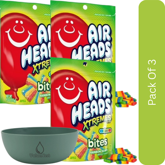Airheads Xtremes Bites Sweetly Sour Candy, Rainbow Berry, Nut Free, 9 oz Bag-3pk,With Olive Green Bowl By ValueNest