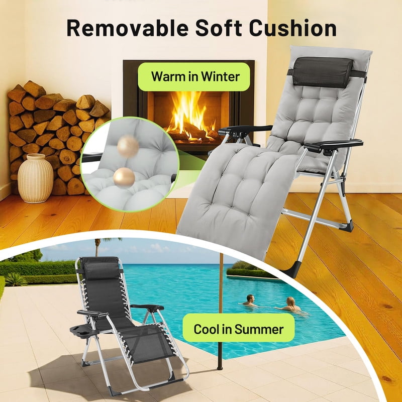 Simenmax Zero Gravity Chair, Heavy-Duty Reclining Lounge Chair with Padded Cushion & Cup Holder, Foldable Patio Recliner for Camping, Beach, and Indoor Relaxation,Gray