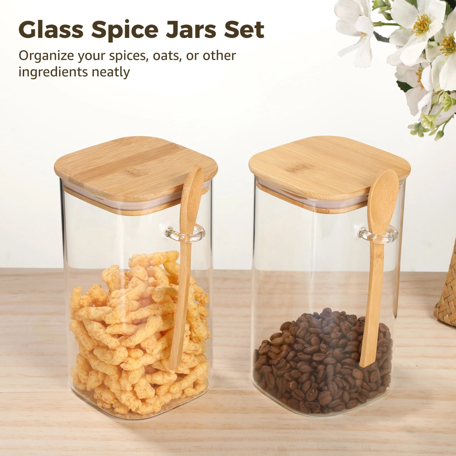 4 Pcs Glass Spice Jars Set with Wooden Lids Spoons, Square Food Storage Containers for Spices, Coffee Beans, Flour, Sugar, Airtight Seal, Easy to Clean and Refill