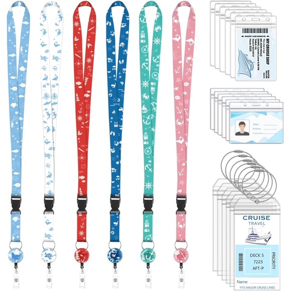 6 Pack Cruise Ship Lanyards, Cruise Lanyards for Ship Key Cards with Waterproof ID Holder Cruise Luggage Tags Retractable Badge Reel & Detachable Buckle for Cruise Essentials
