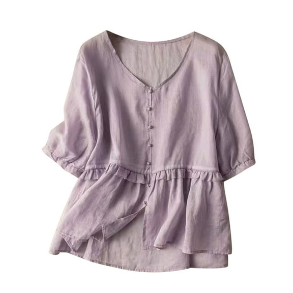 AherBiu Plus Size Tops for Women V Neck 1/2 Sleeve Cotton Linen Cute Shirts Ruffle Blouse Solid Color