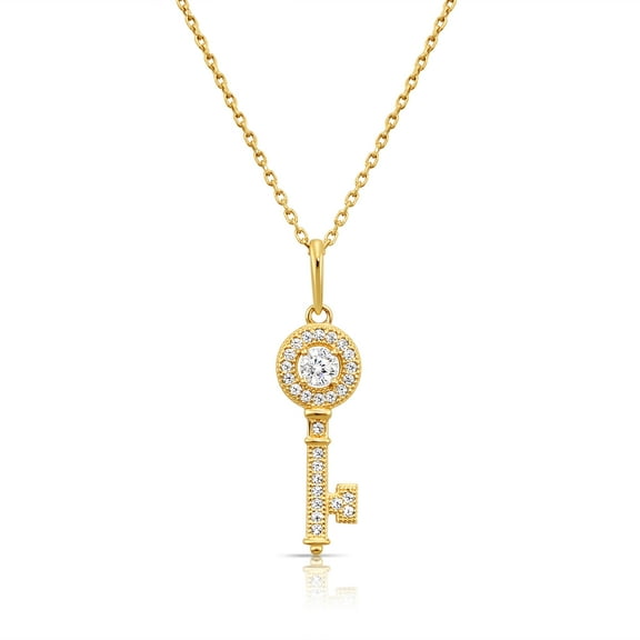 Tilo Jewelry 14K Yellow Gold Dainty Pave Key Pendant Necklace with Cubic Zirconia CZ Stones for Women & Unisex | 18 Inch Cable Chain
