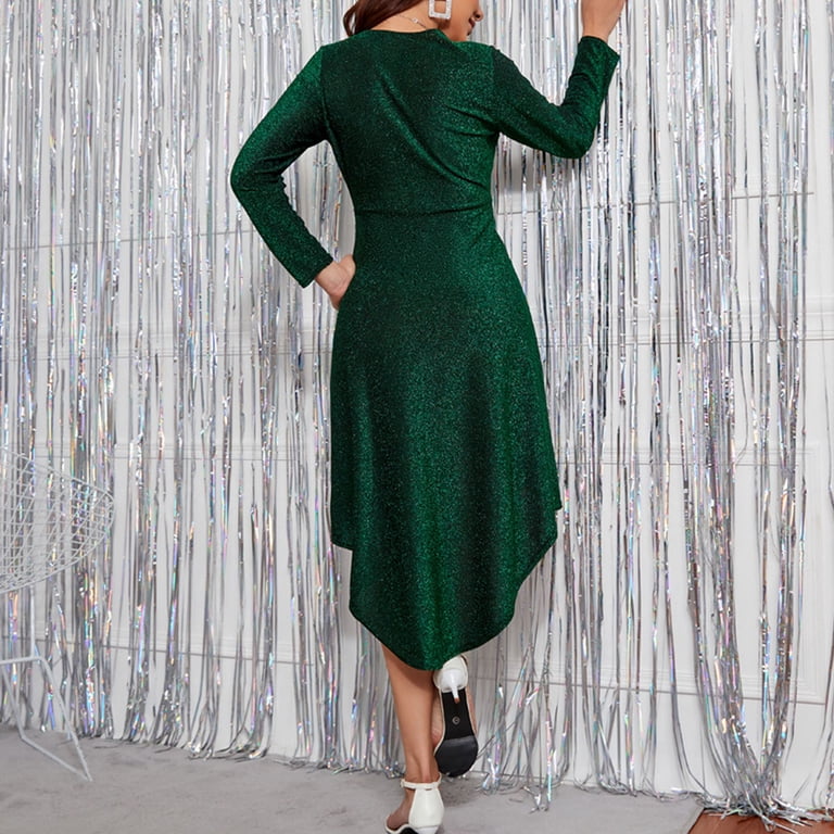 bright green wedding guest dress IROINNID Cocktail for Women Guests Dresses for Women Deep V-neck Slim Silk Long Sleeve Swallowtail Dress ,Green meshdresses