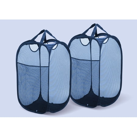 TechWonder Mesh Pop Up Laundry Basket With Side Pocket - Dark Blue