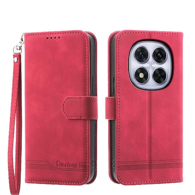 Funda Tipo Billetera para Xiaomi Redmi Note 14 Pro 4G Carcasa Abatible con Porta Tarjetas, Bolsillo para Efectivo, Soporte Ajustable, Cierre Magnético y Correa de Muñeca Rojo