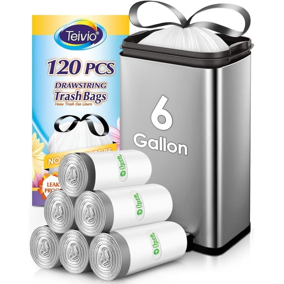 6 Gallon Small 120 Counts Strong Drawstring Trash Bags Garbage Bags by , Bathroom Trash Can Bin Liners, Plastic Bags for home office kitchen, White