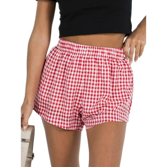Michellecmm Women Plaid Shorts, Elastic Waist Casual Shorts Summer Streetwear for Daily Date