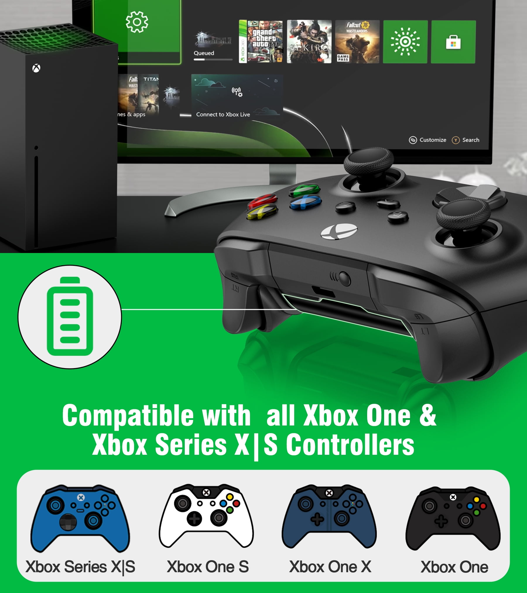 Beboncool Xbox Rechargeable Battery Pack & Charging Station - 4x 1200mAh (3000mWh) Long-Lasting Batteries for Xbox Series X|S & One Controllers
