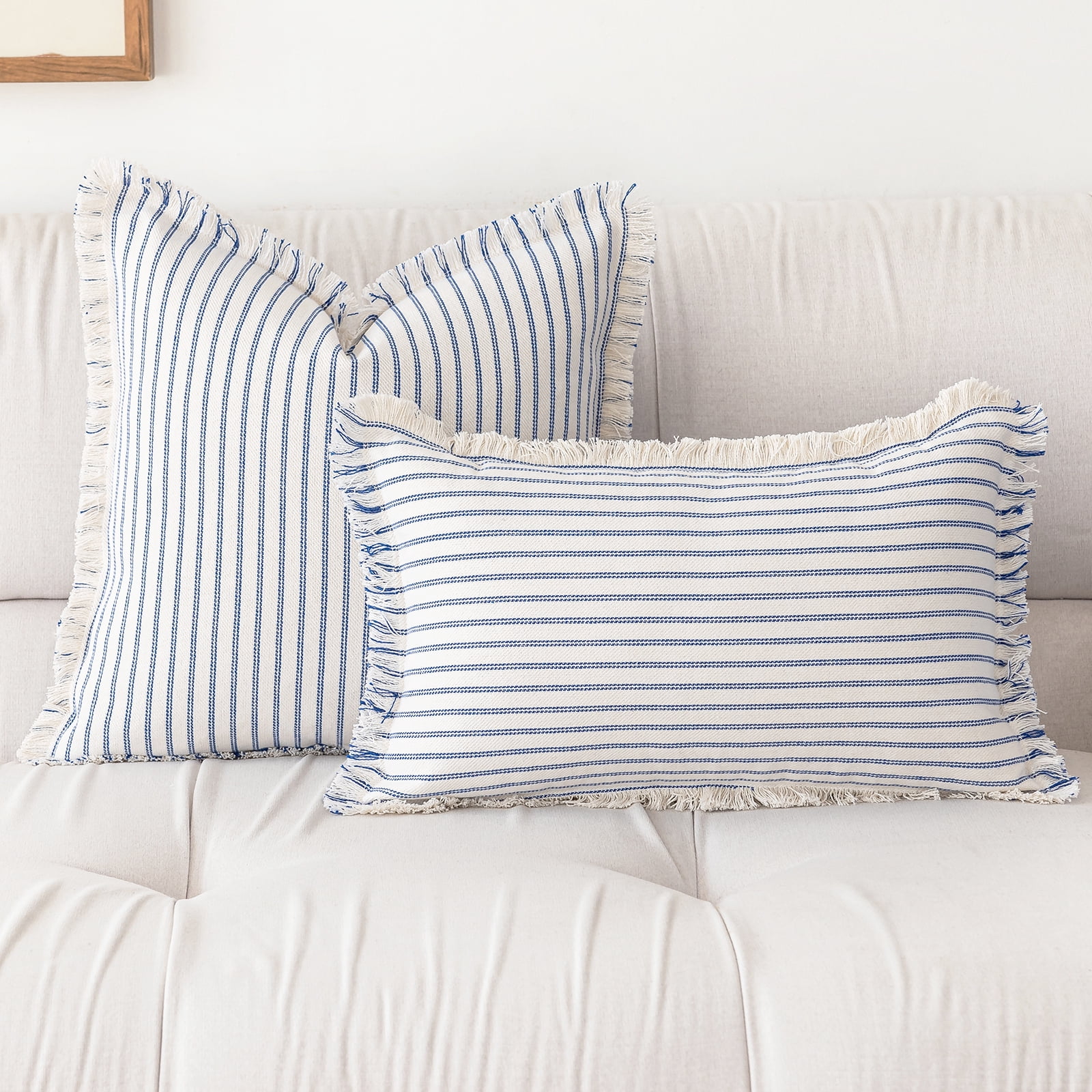 Skodaer 2 Pack Boho Decorative Throw Pillow Covers with Fring Tassel Chic Striped Pillow Case,20"x20",Blue