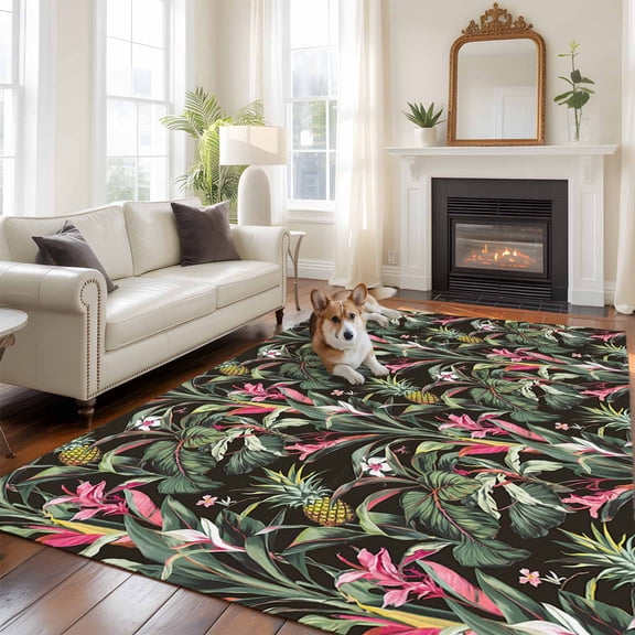 6'x9' Area Rugs, Tropical Pineapple Indoor Outdoor Area Rug for Living Room Bedroom, Pink Green Botanical Leaves Washable Bathroom Rugs Kitchen Floor Carpet Mats Home Decor Aesthetic