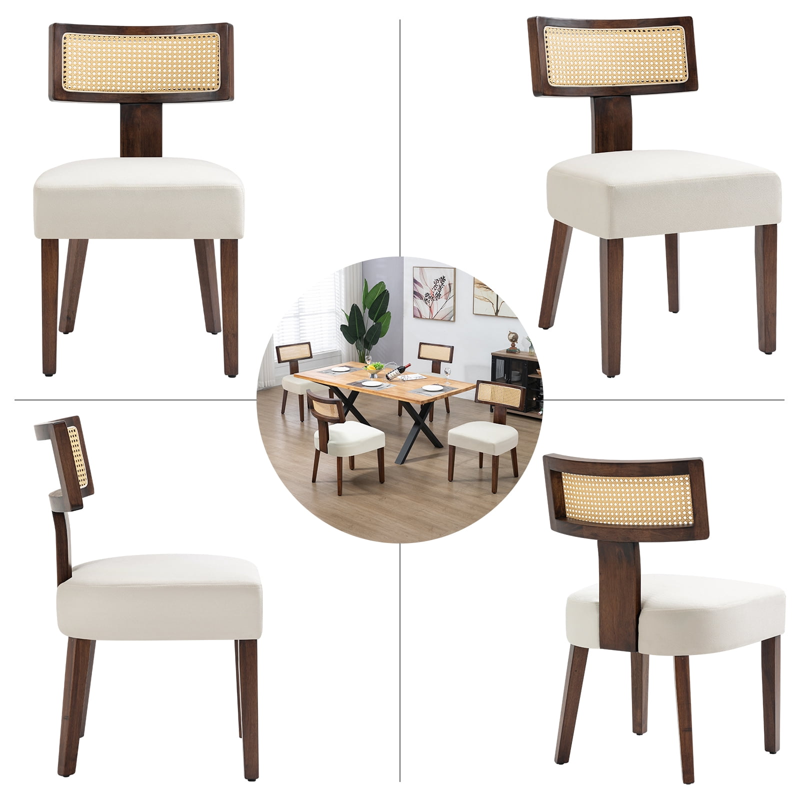 Rattan Dining Chairs Set of 2, Modern Kitchen Dining Room Chair with Curved Cane Back & Hardwood Frame in Walnut Finish, Cream Linen Upholstered