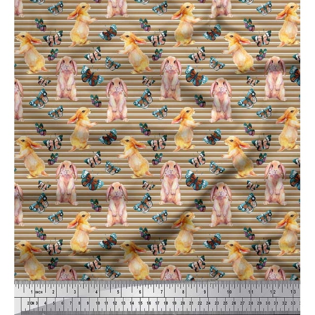 Soimoi Brown Poly Georgette Fabric Stripe,Insect & Bunny Animal Print Fabric by The Yard 42 Inch Wide