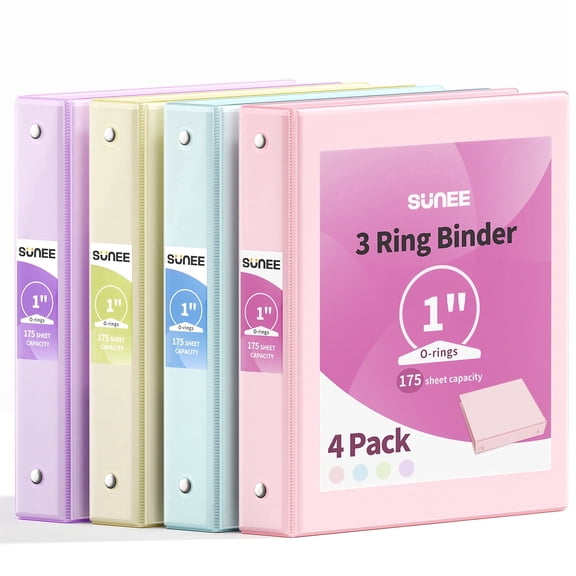 SUNEE 3 Ring Binder 1 Inch 4 Pack, Clear View 1" Binders Three Ring PVC-Free (Fit 8.5x11 Inches) for School or Office Supplies, Assorted Pastel