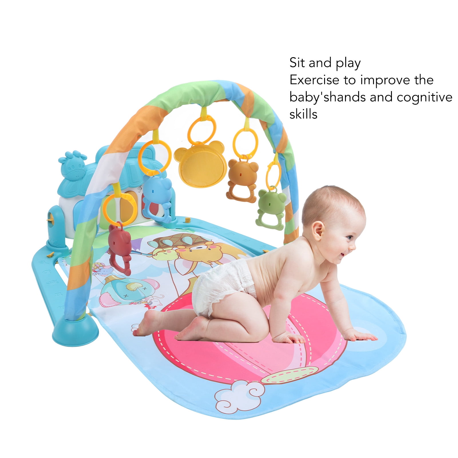 BIMZUC Baby Gym Play Mat Learning Sensory Sound Infant Kick Play Piano Mat Toy for Newborns Balloon Pattern Tummy Time Activity Center with Hanging Toys Portable Design 17.32 inches / 44 cm