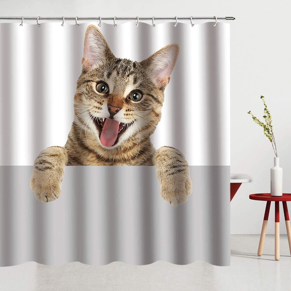 Small Animal Easy to Protect Shower Curtain, cat Sticking Out Tongue