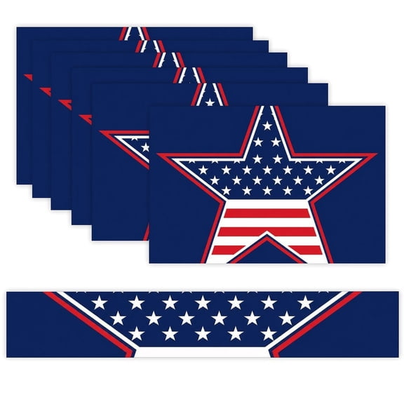 7 Piece Linen Table Runner and Placemats Set, American Flag Star Round Corner Heat Resistant Washable Table Mats for Home Kitchen Dining Party Decoration